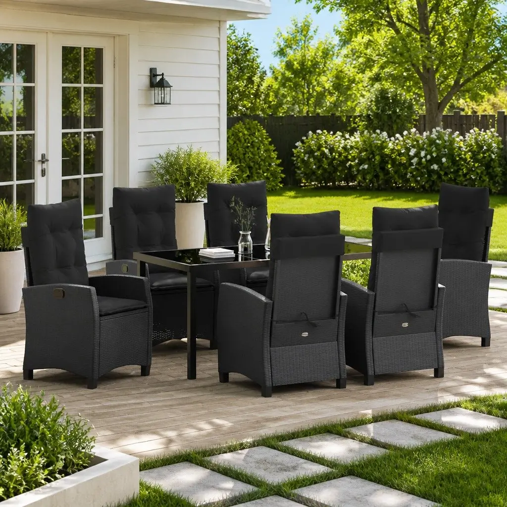 Garden Dining Set Poly Rattan Steel Frame 7 Piece Black Outdoor Furniture with Cushions