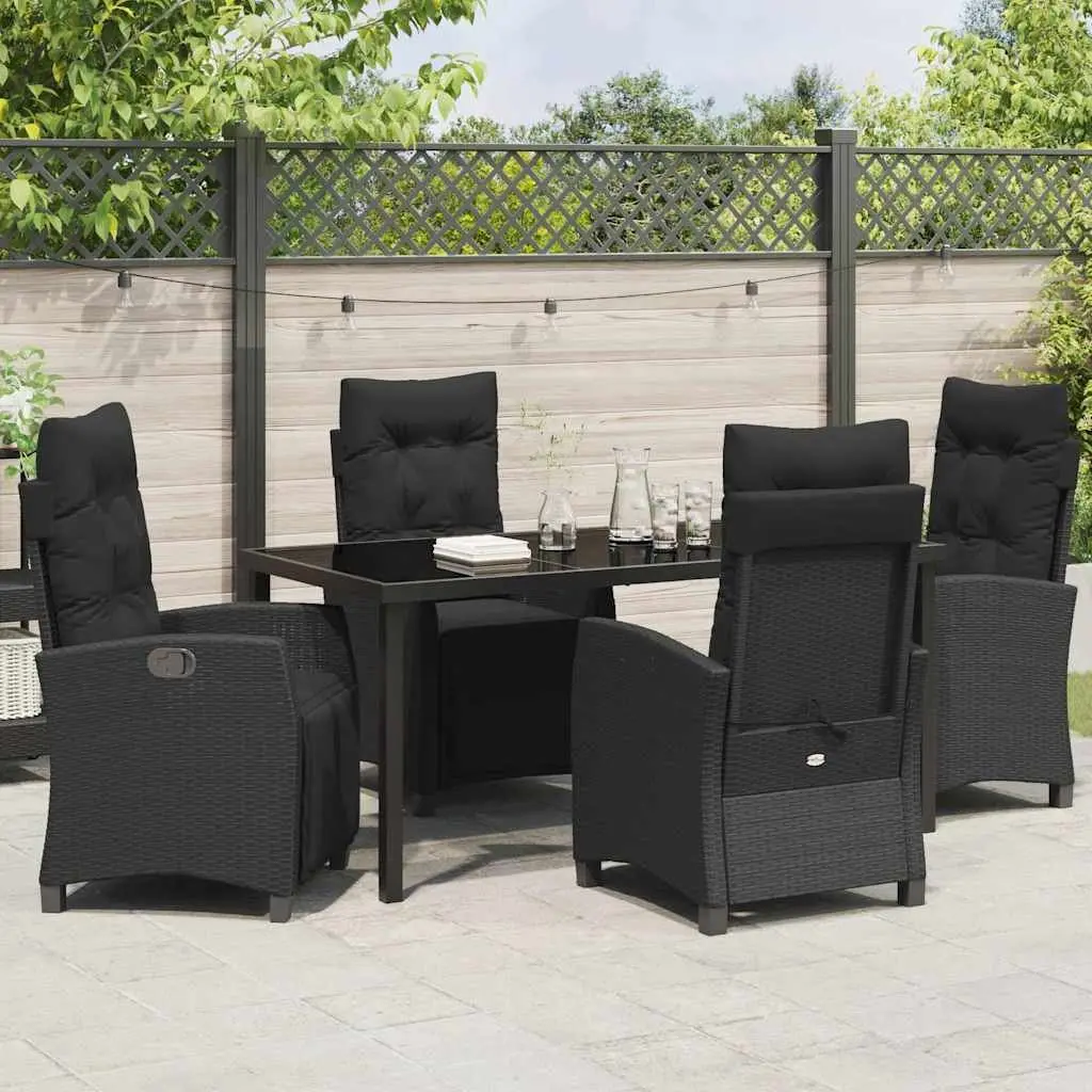 Garden Dining Set Black Poly Rattan Glass Top Steel Frame 5 Piece Outdoor Furniture