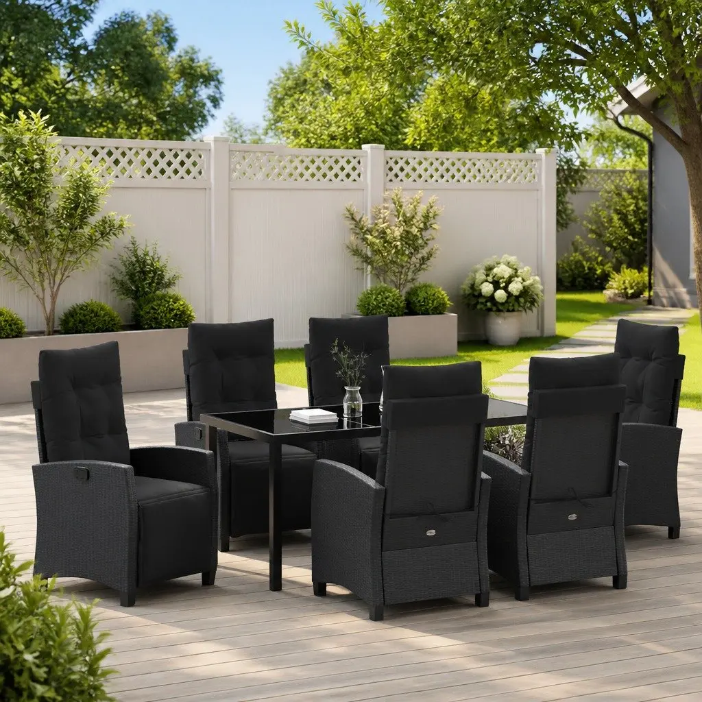 7 Piece Outdoor Dining Set Poly Rattan Black Modern Minimalist with Cushions