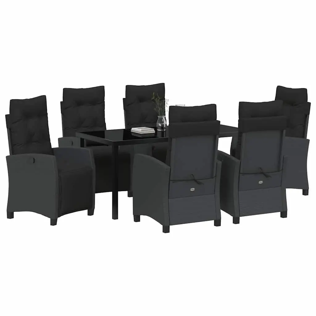 7 Piece Outdoor Dining Set Poly Rattan Black Modern Minimalist with Cushions