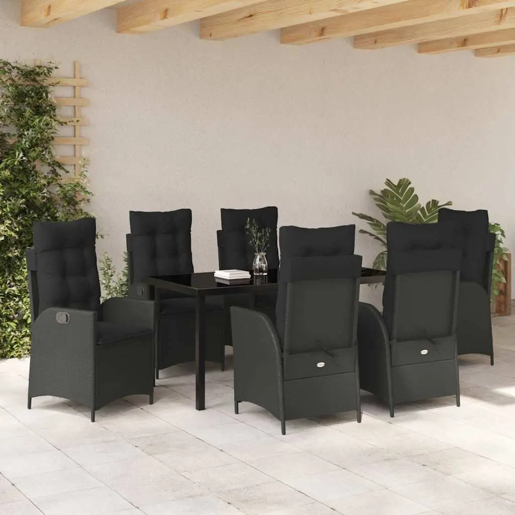 Garden Dining Set Poly Rattan 7 Pieces Black with Glass Top Outdoor Furniture