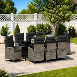 Garden Dining Set 9 Pieces Grey Poly Rattan Outdoor Furniture with Glass Table