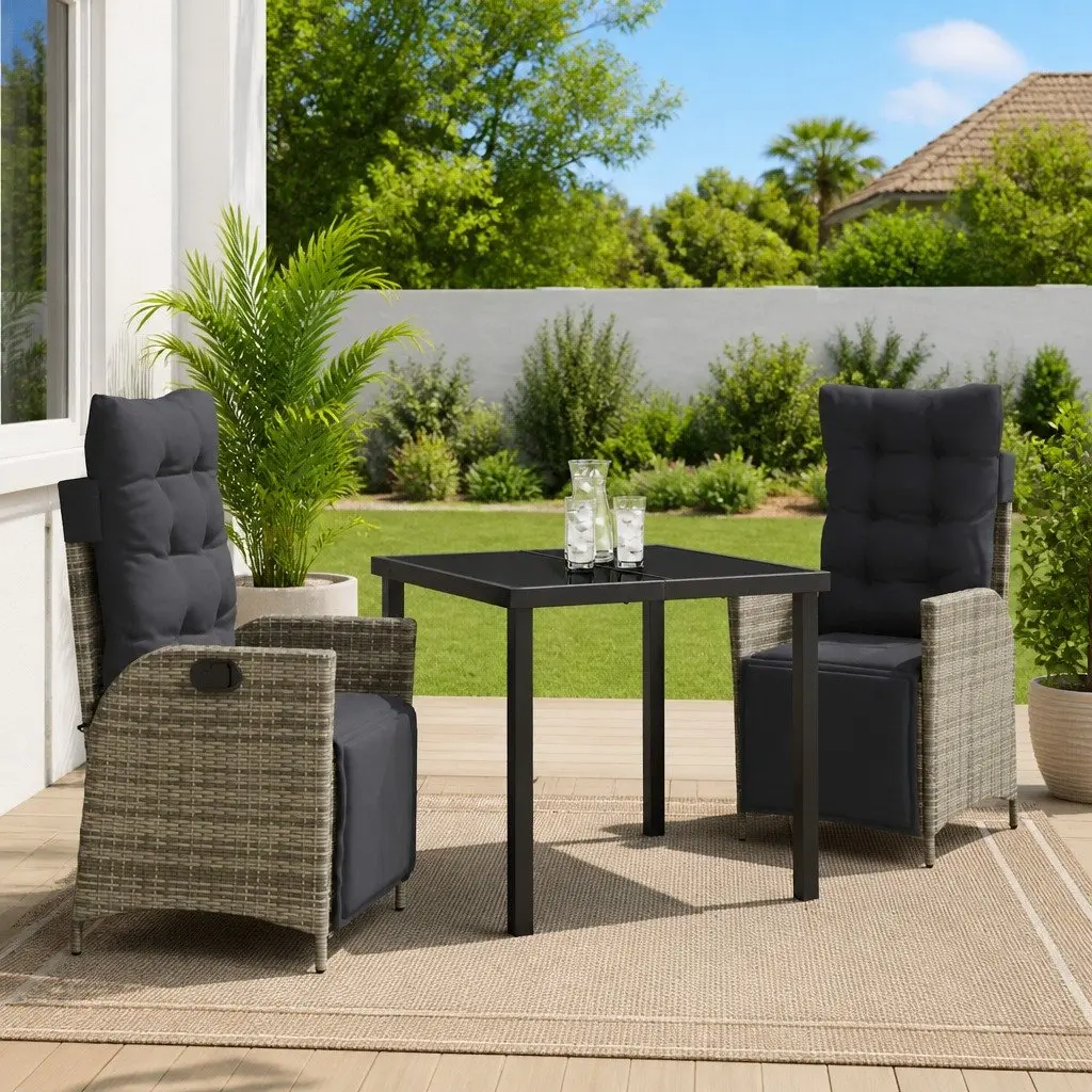 Garden Dining Set Poly Rattan 3 Piece Rectangular Grey Outdoor Furniture