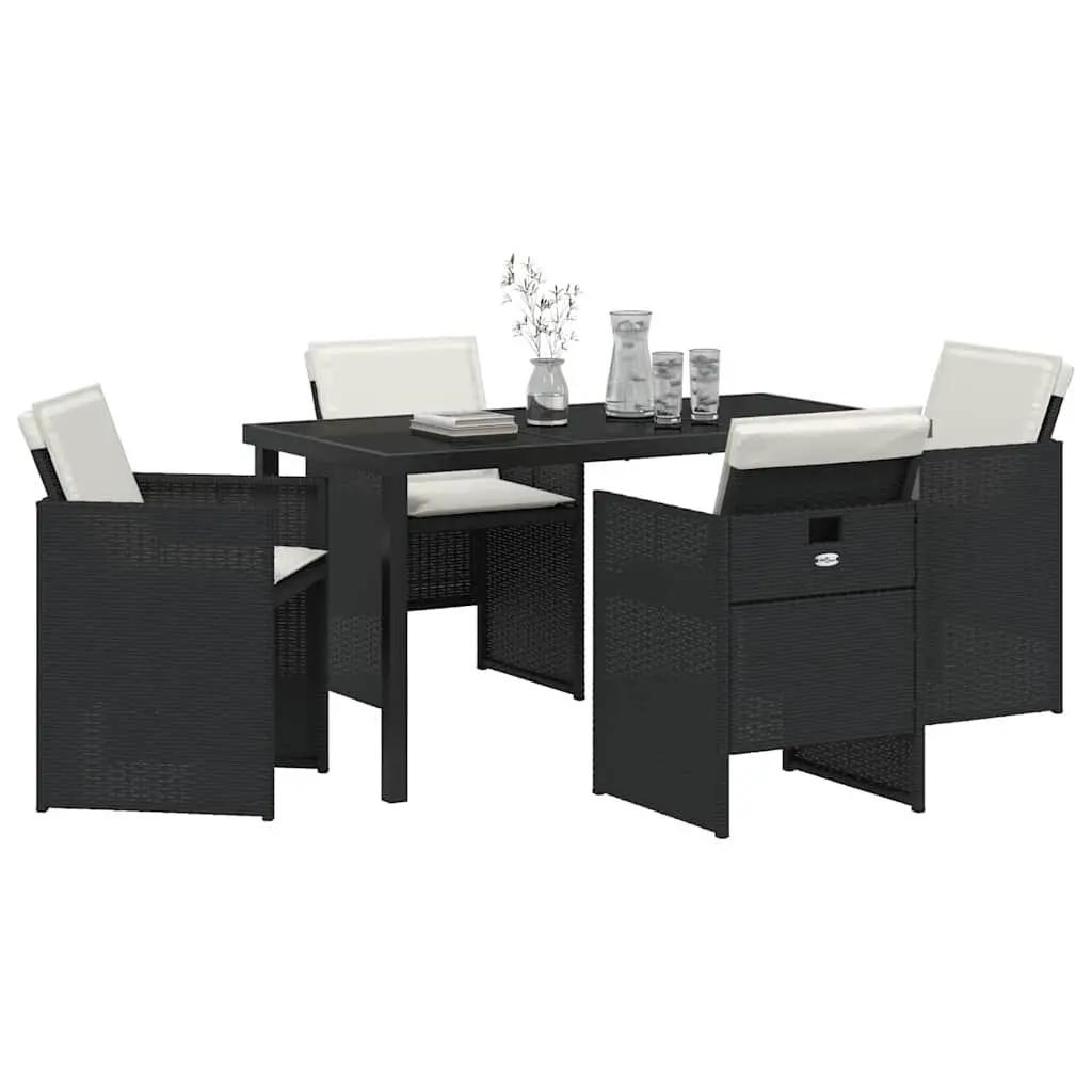 5 Piece Dining Set Outdoor Furniture Black Poly Rattan Steel Frame Glass Table