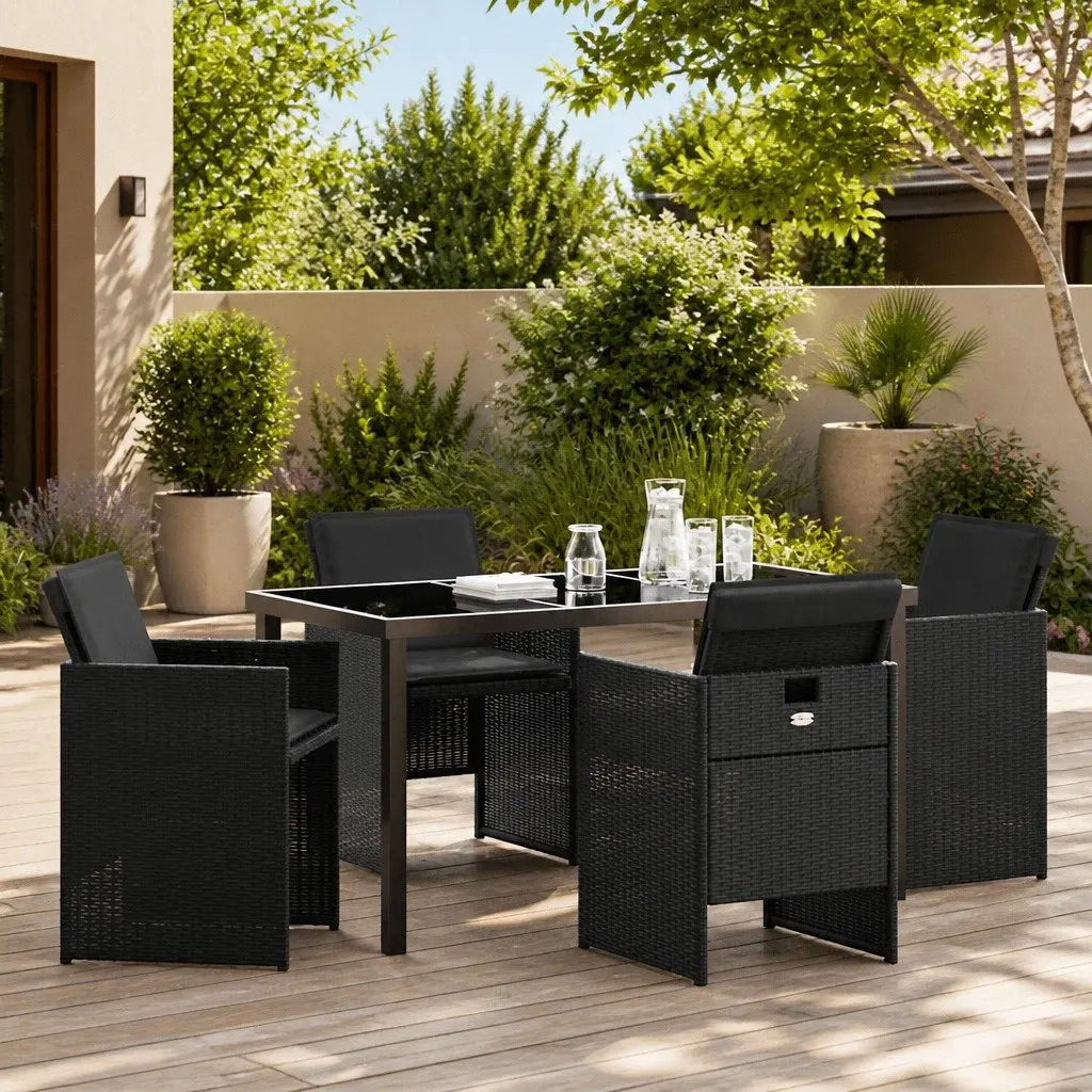5 Piece Dining Set Outdoor Tempered Glass Black Poly Rattan Steel Frame