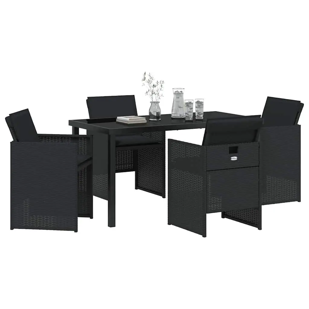 5 Piece Dining Set Outdoor Tempered Glass Black Poly Rattan Steel Frame