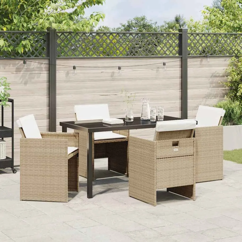 5 Piece Garden Furniture Set Poly Rattan Beige Outdoor Table and Chairs Durable Steel Frame Tempered Glass Surface