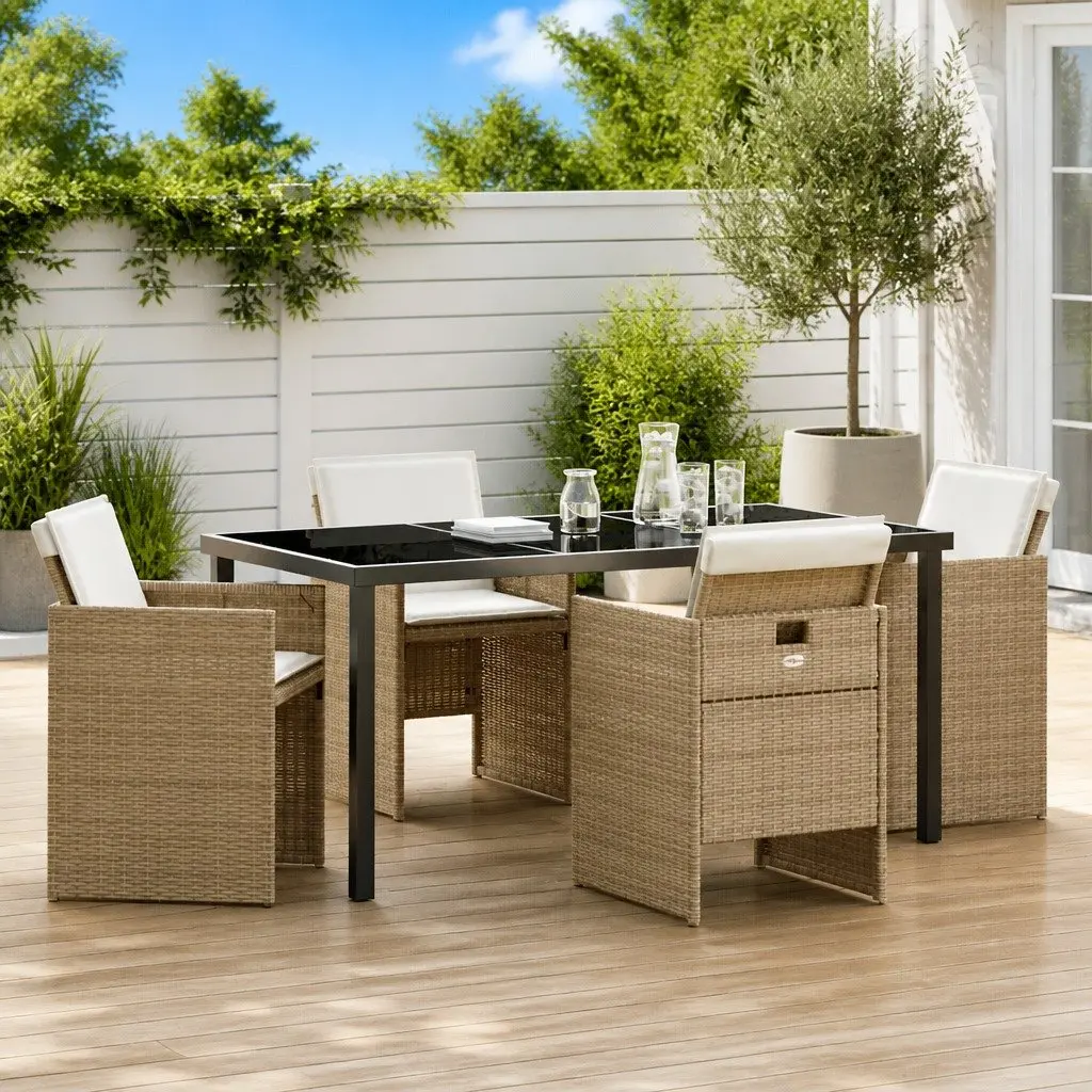 Outdoor Dining Set 5 Piece Beige Poly Rattan Table Chairs Powder Coated Steel Construction