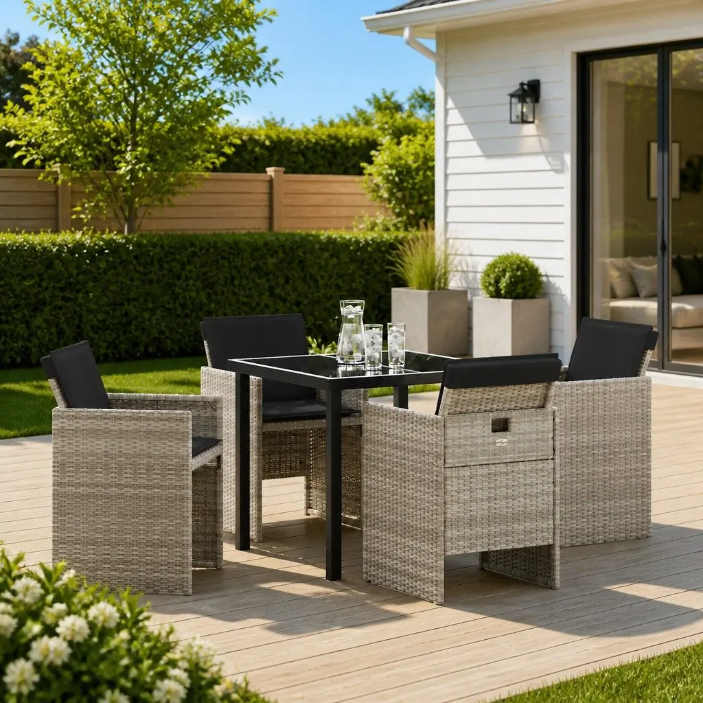 Garden Dining Set 5 Pieces Powder-coated Steel Poly Rattan Light Grey Outdoor Furniture Table Chairs