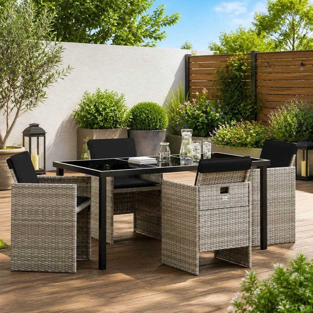 Outdoor Furniture Set Light Grey Poly Rattan Steel 5 Piece Dining Table and Chairs