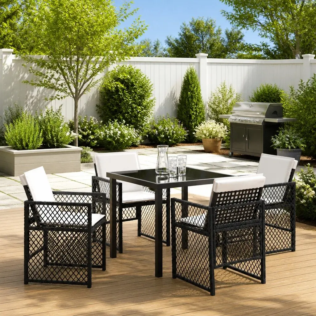 Outdoor Dining Set 5-Piece Poly Rattan Steel Frame Tempered Glass Table Black