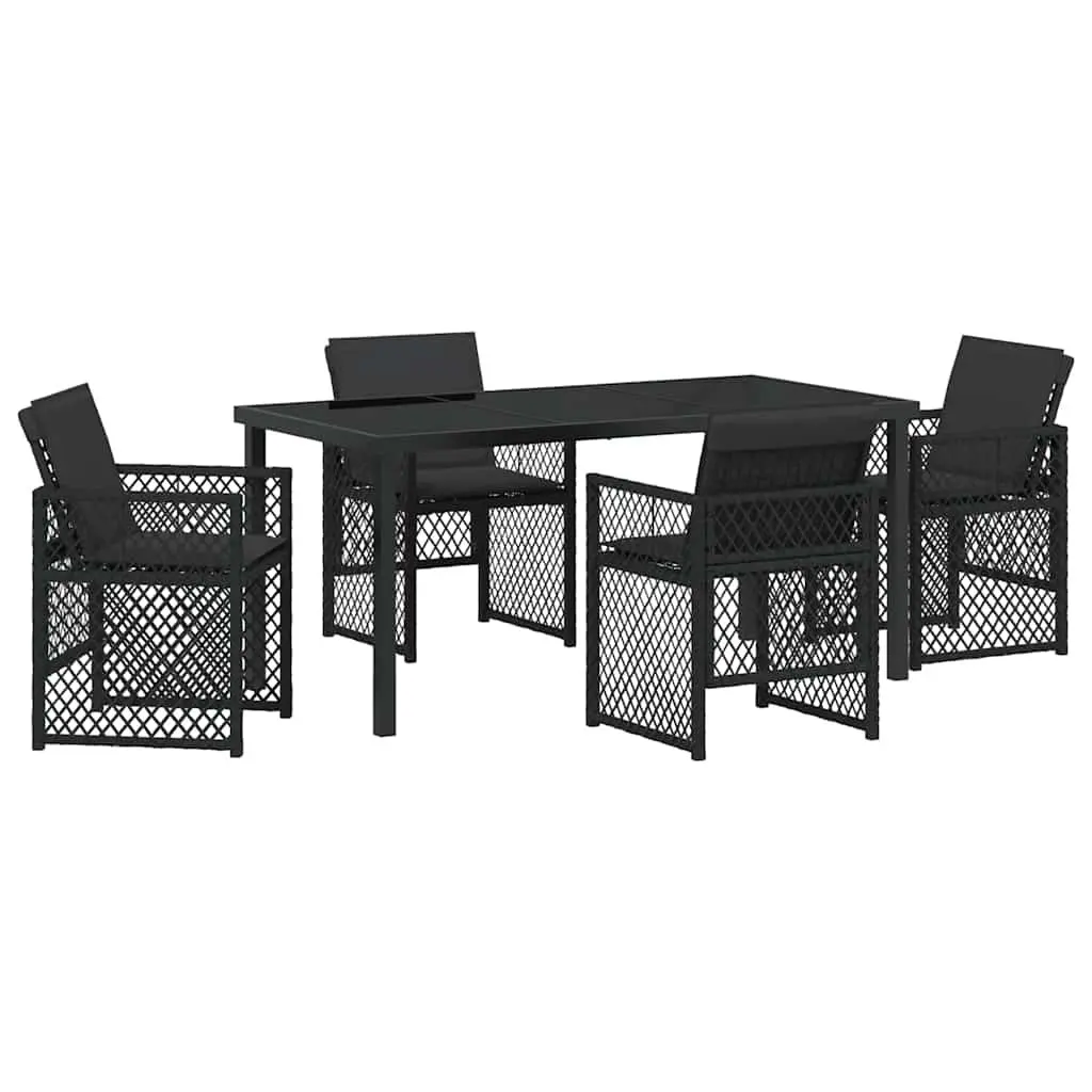 5 Piece Outdoor Dining Set Black Poly Rattan Seating with Tempered Glass Tabletop