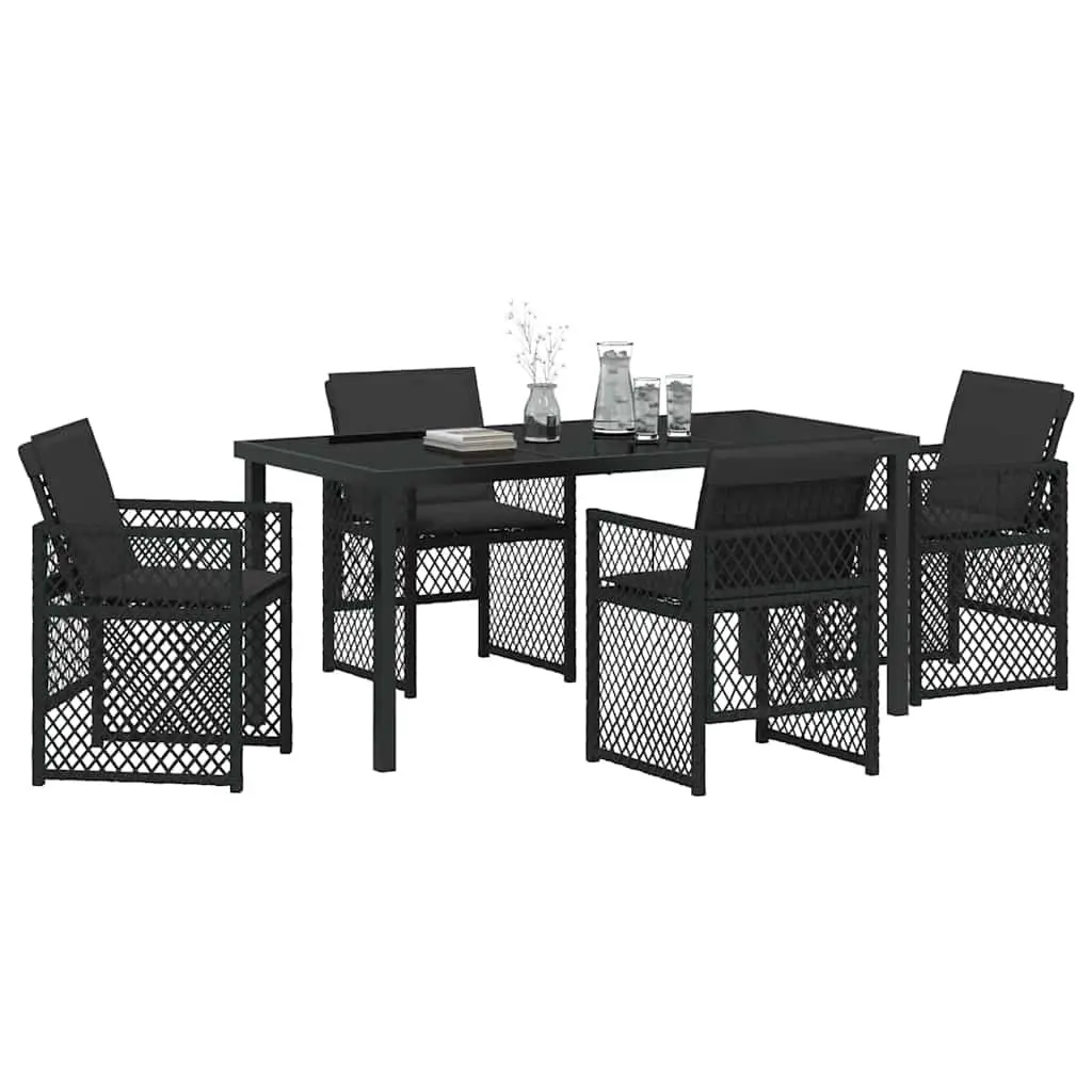 5 Piece Outdoor Dining Set Black Poly Rattan Seating with Tempered Glass Tabletop