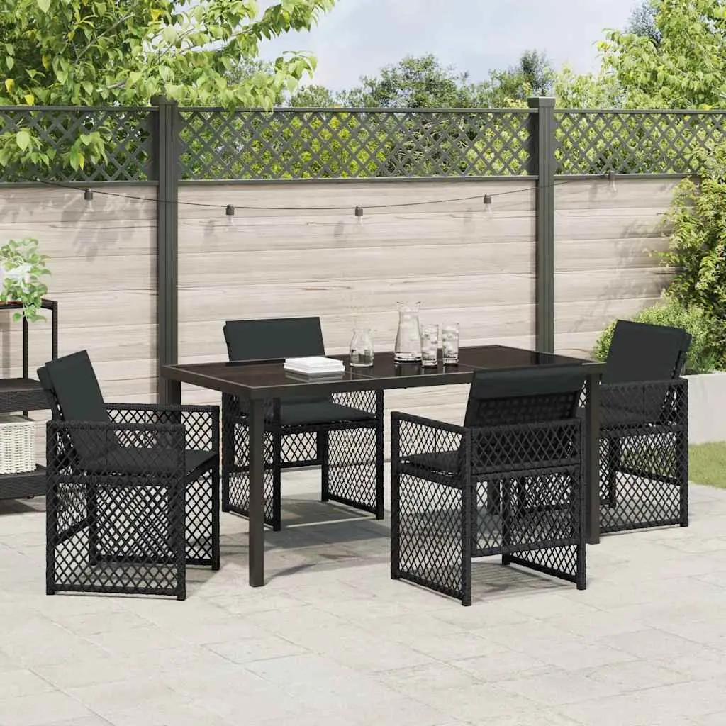 5 Piece Outdoor Dining Set Black Poly Rattan Seating with Tempered Glass Tabletop