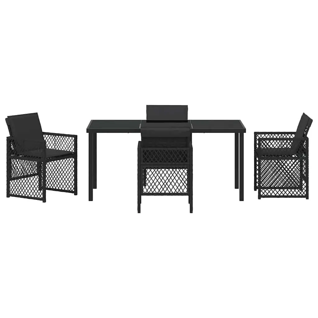 5 Piece Outdoor Dining Set Black Poly Rattan Seating with Tempered Glass Tabletop