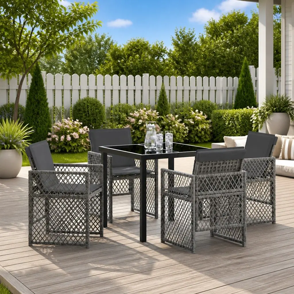 Outdoor Dining Set 5 Piece Grey Poly Rattan Furniture with Tempered Glass Tabletop and Steel Frame