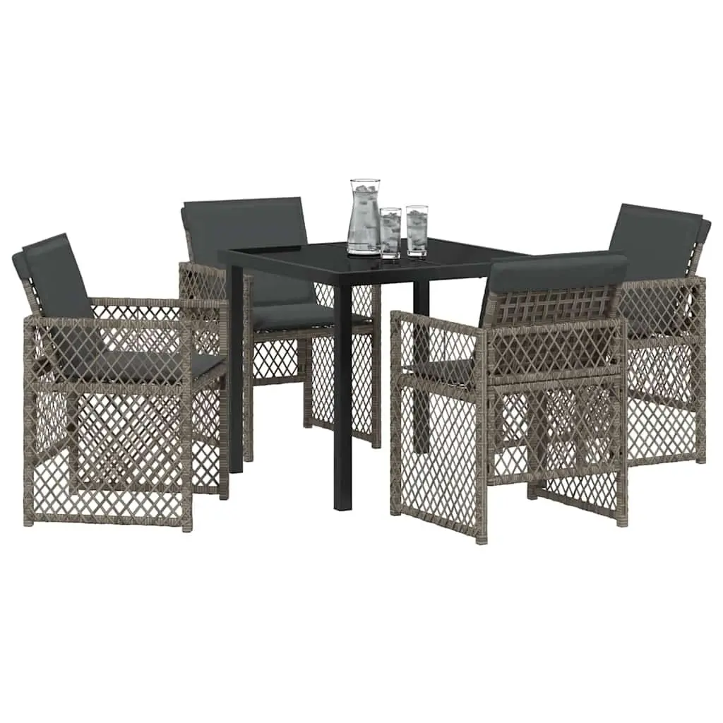 Outdoor Dining Set 5 Piece Grey Poly Rattan Furniture with Tempered Glass Tabletop and Steel Frame
