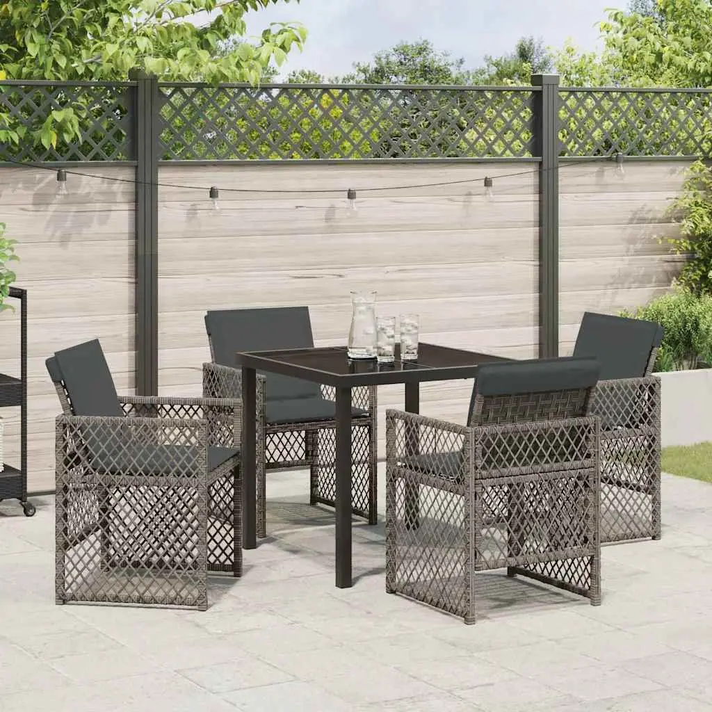 Outdoor Dining Set 5 Piece Grey Poly Rattan Furniture with Tempered Glass Tabletop and Steel Frame