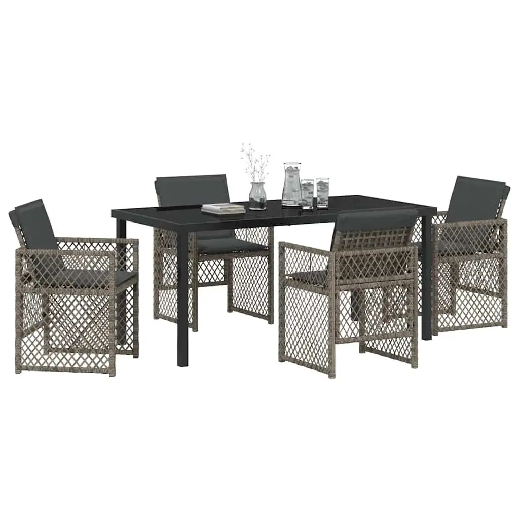 Outdoor Dining Set Grey Tempered Glass Table Steel Frame Poly Rattan Seating 5 Piece