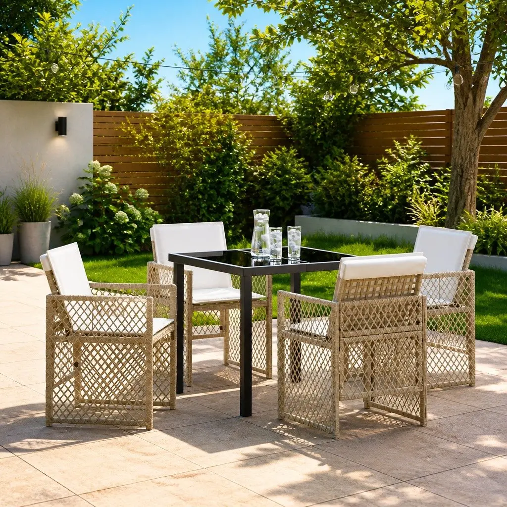Garden Dining Set 5 Pieces Poly Rattan Steel Frame Tempered Glass Beige