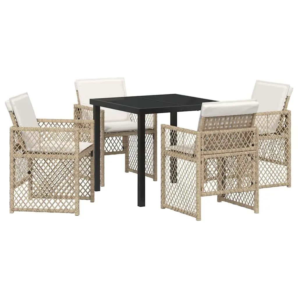 Garden Dining Set 5 Pieces Poly Rattan Steel Frame Tempered Glass Beige