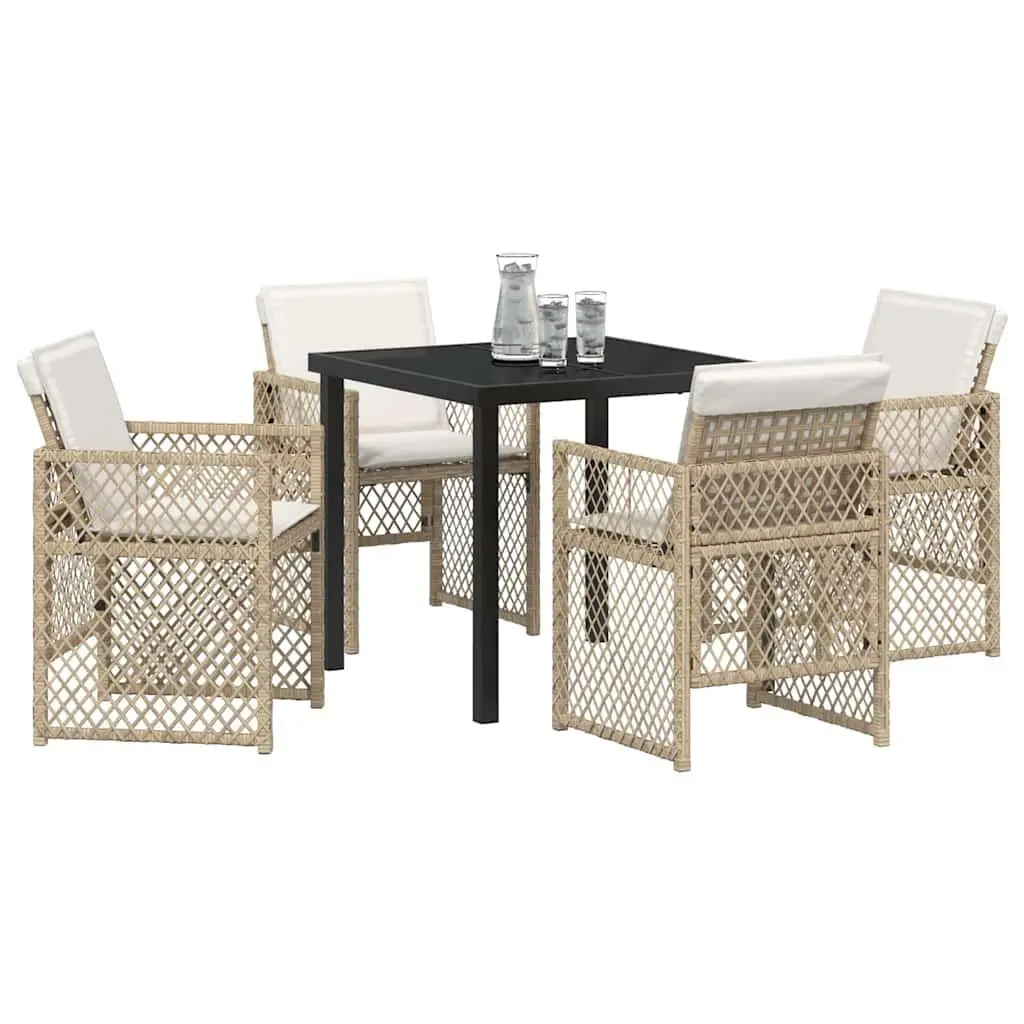 Garden Dining Set 5 Pieces Poly Rattan Steel Frame Tempered Glass Beige