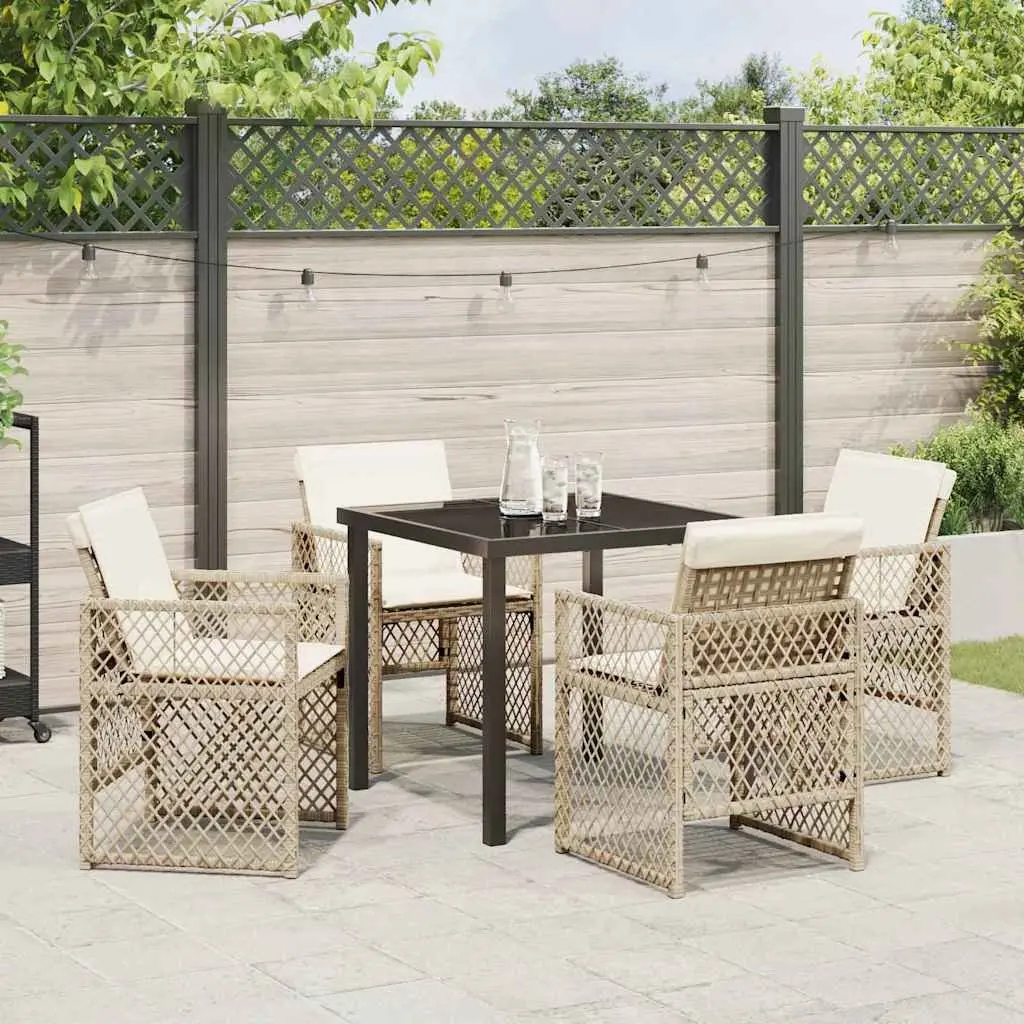 Garden Dining Set 5 Pieces Poly Rattan Steel Frame Tempered Glass Beige