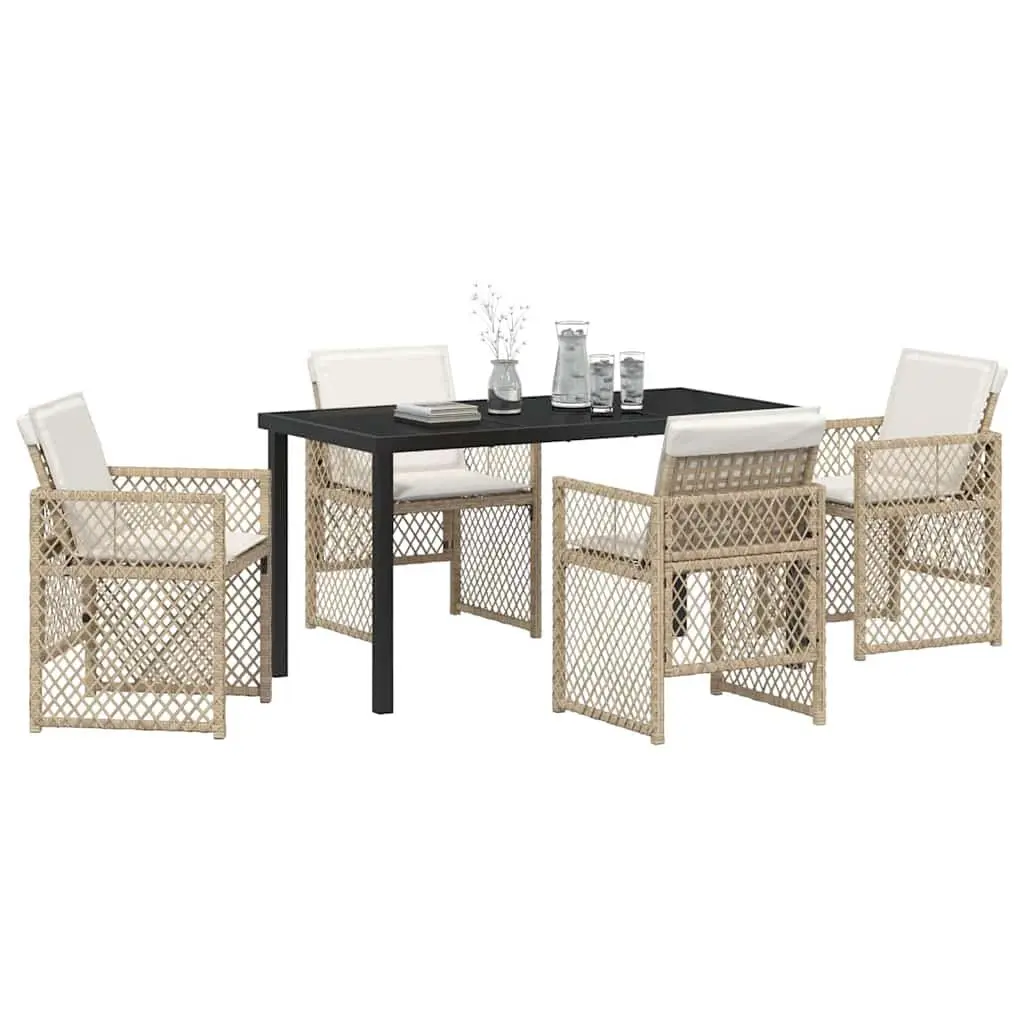 Garden Dining Set 5 Piece Beige Poly Rattan Outdoor Furniture Tempered Glass Table Steel Frame
