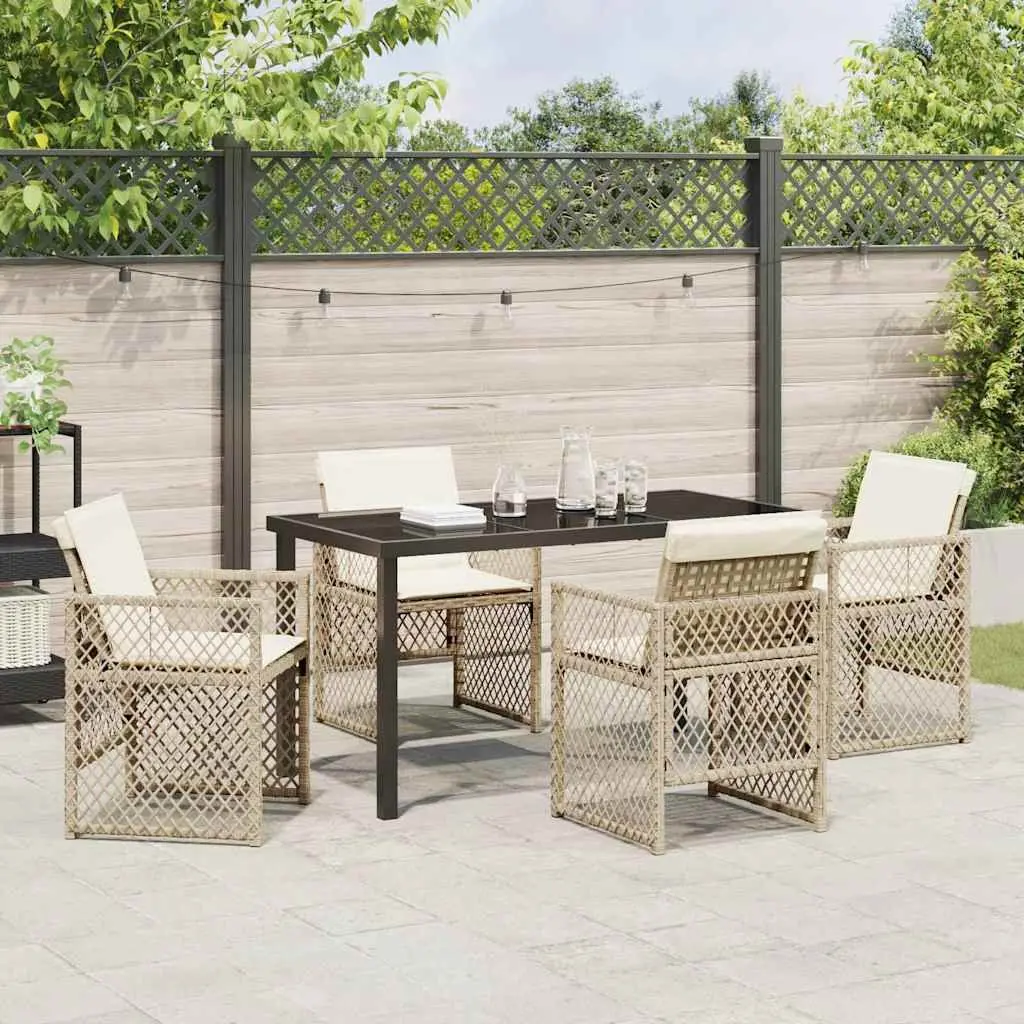 Garden Dining Set 5 Piece Beige Poly Rattan Outdoor Furniture Tempered Glass Table Steel Frame