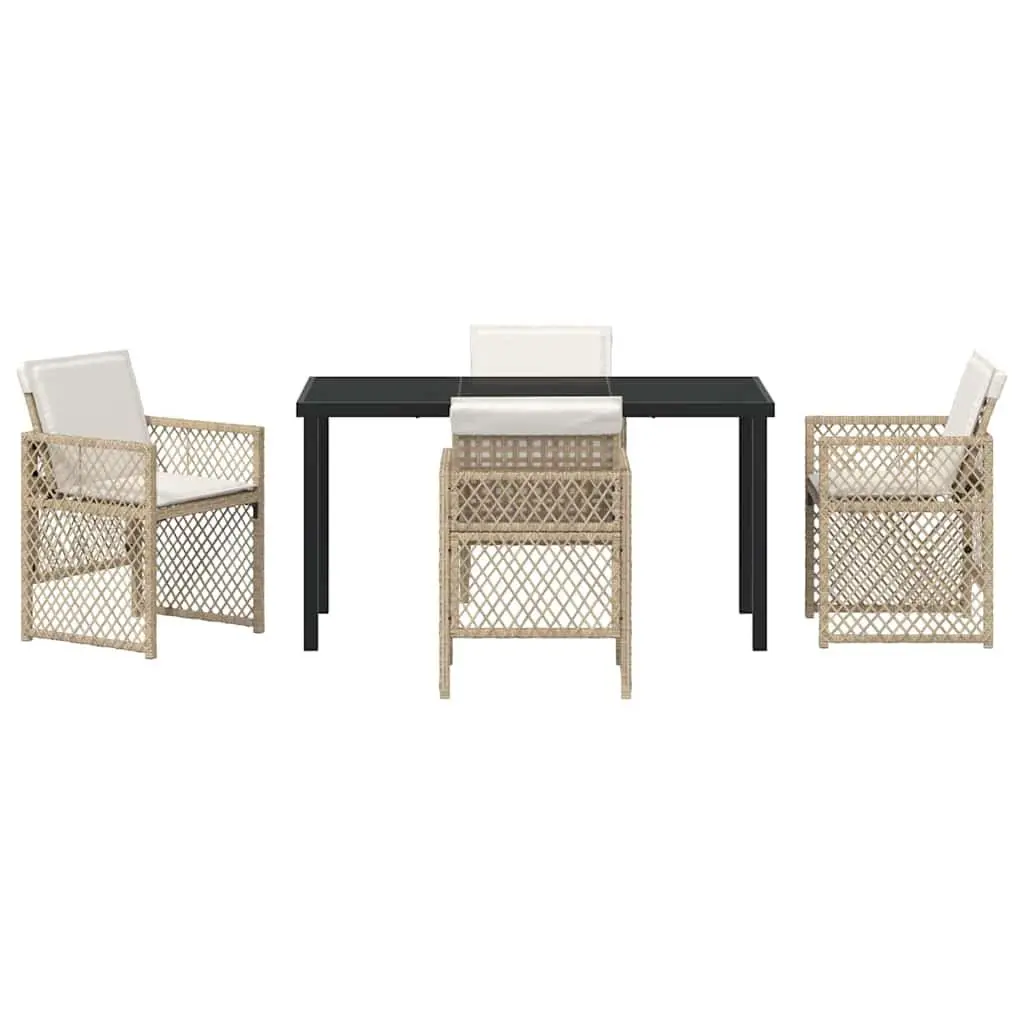 Garden Dining Set 5 Piece Beige Poly Rattan Outdoor Furniture Tempered Glass Table Steel Frame