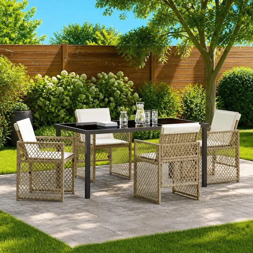Outdoor Dining Set Poly Rattan 5 Pieces Beige Tempered Glass