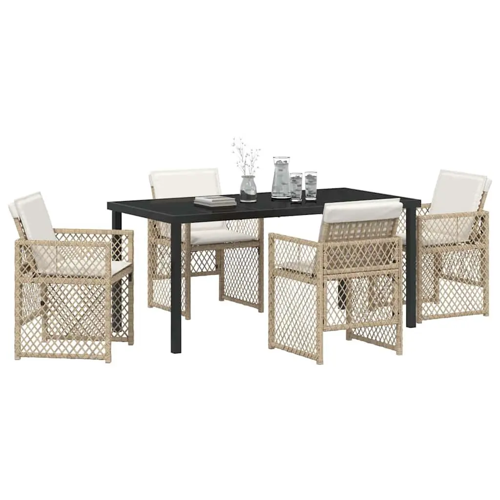 Outdoor Dining Set Poly Rattan 5 Pieces Beige Tempered Glass