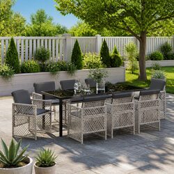 Garden Dining Set 9 pcs Light Grey Outdoor Furniture Tempered Glass Table