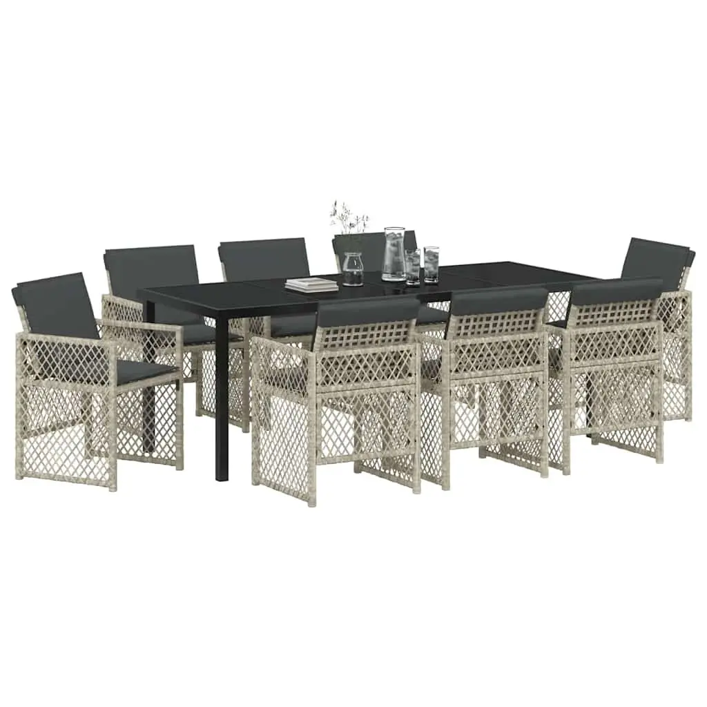 Garden Dining Set Tempered Glass Table Steel Frame Poly Rattan Seating 9 Piece Light Grey