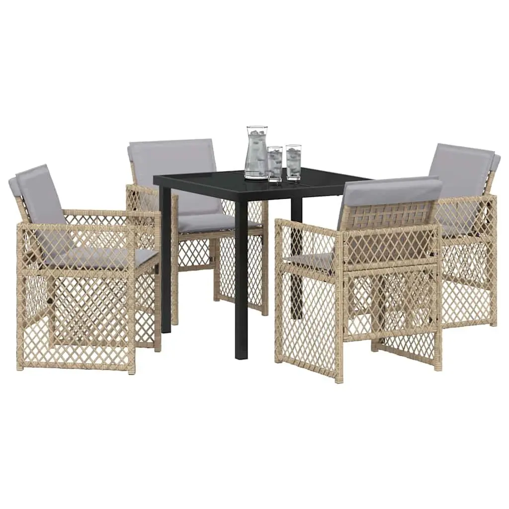Garden Dining Set Tempered Glass Table Poly Rattan Chairs 5 Pieces Beige Outdoor Furniture