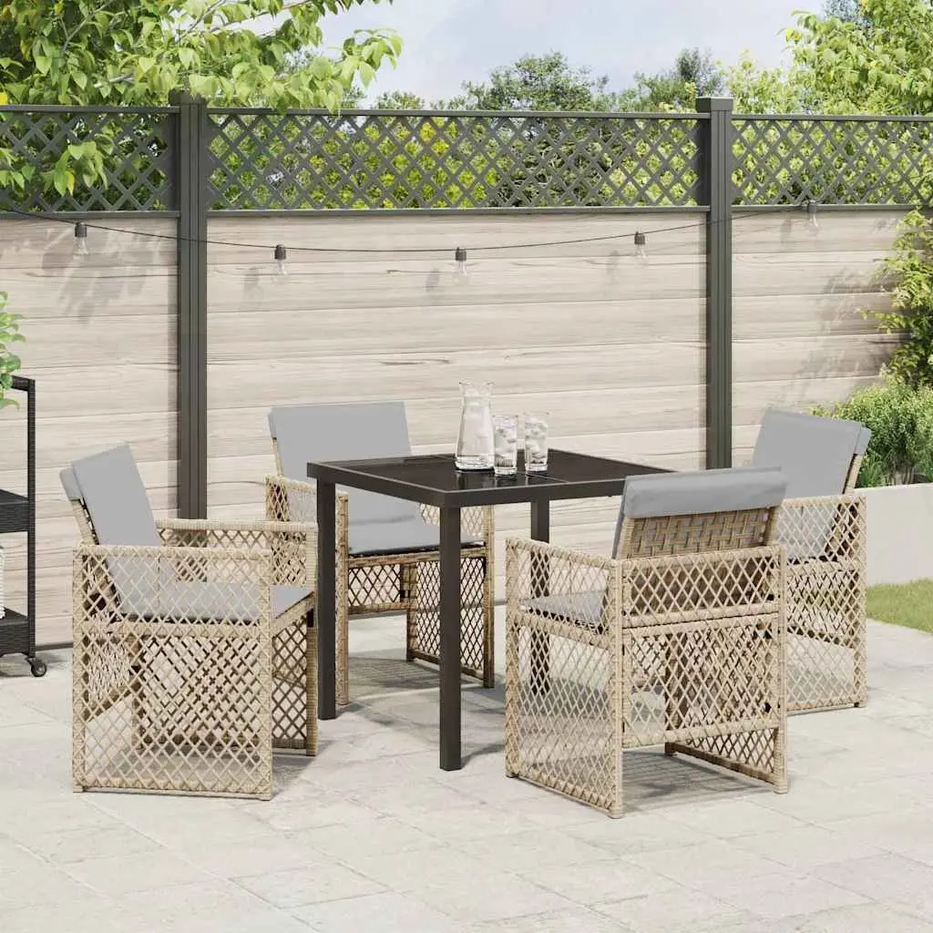Garden Dining Set Tempered Glass Table Poly Rattan Chairs 5 Pieces Beige Outdoor Furniture