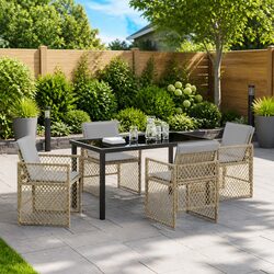Garden Dining Set 5 Pieces Outdoor Furniture Beige Poly Rattan Table Chairs