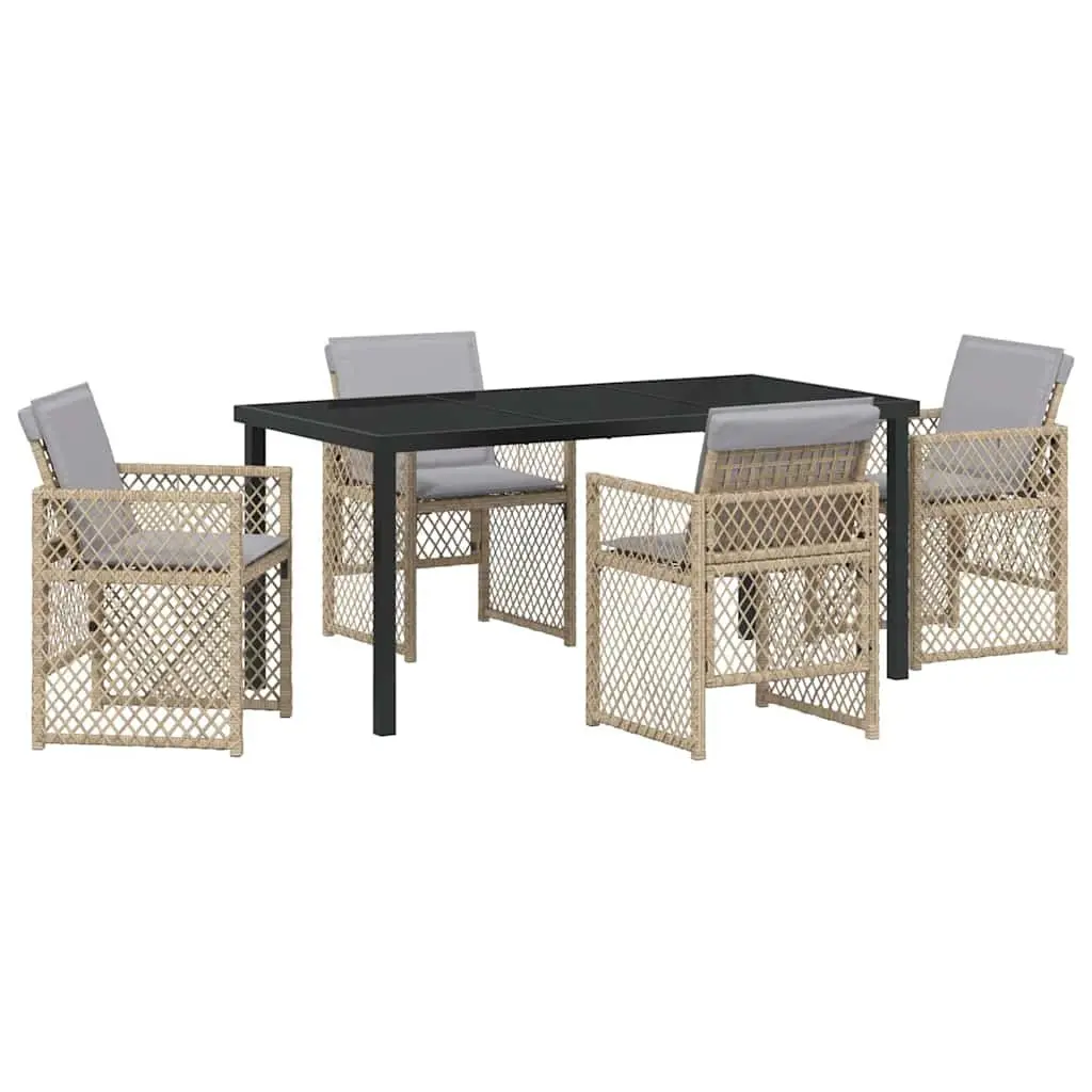 Garden Dining Set Poly Rattan 5 Pieces Outdoor Furniture Beige Tempered Glass Table