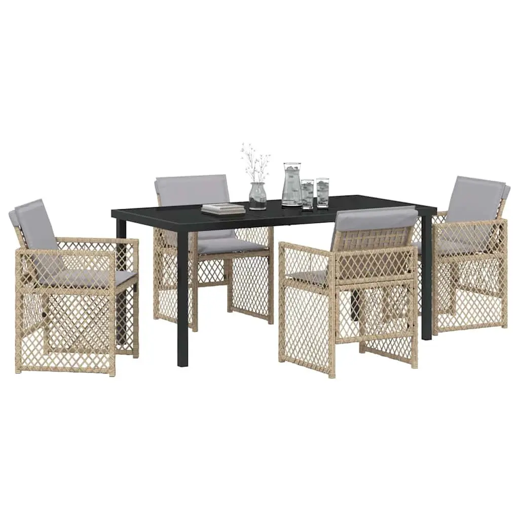 Garden Dining Set Poly Rattan 5 Pieces Outdoor Furniture Beige Tempered Glass Table