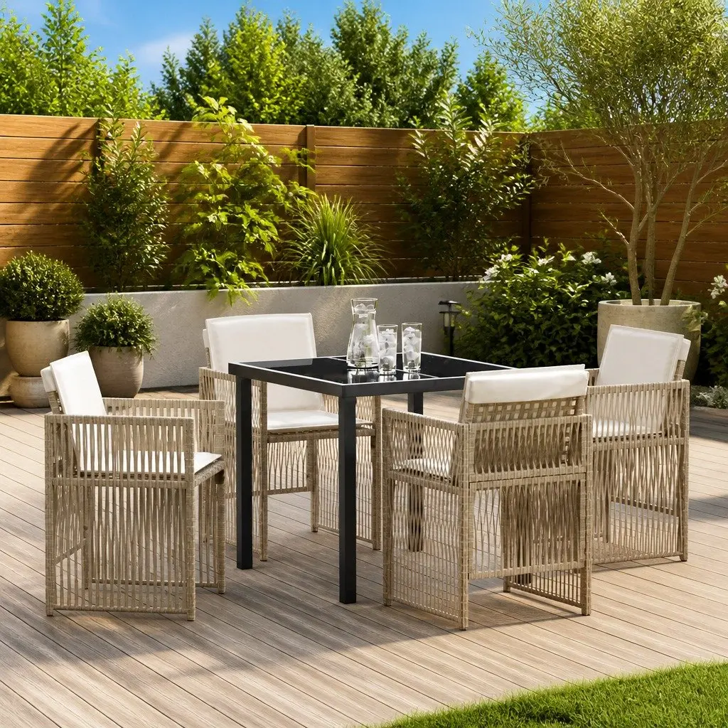 Garden Dining Set Steel Frame 5 Pieces Rattan Armrests Brown