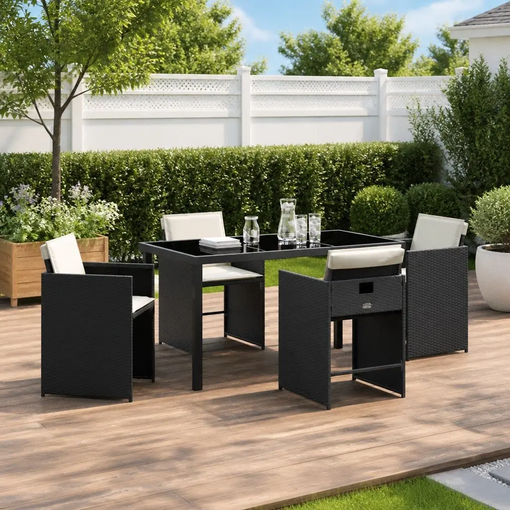 Dining Set 5 Pieces Outdoor Furniture Table Chairs Rattan Black Poly Construction Steel Frame