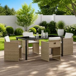 Functional 5-Piece Beige Rattan Garden Dining Set