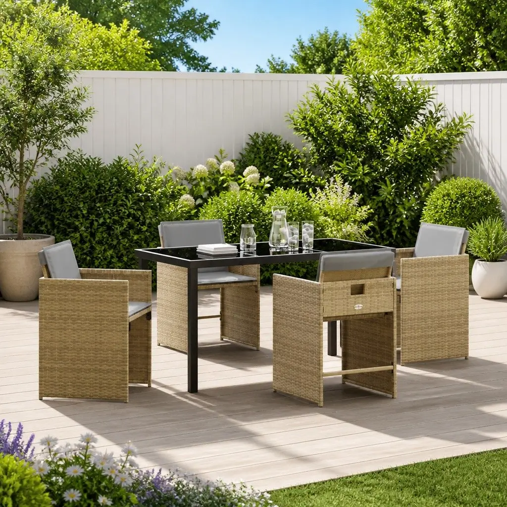 Garden Dining Set 5 Piece Outdoor Furniture Poly Rattan Beige Patio Table Chairs