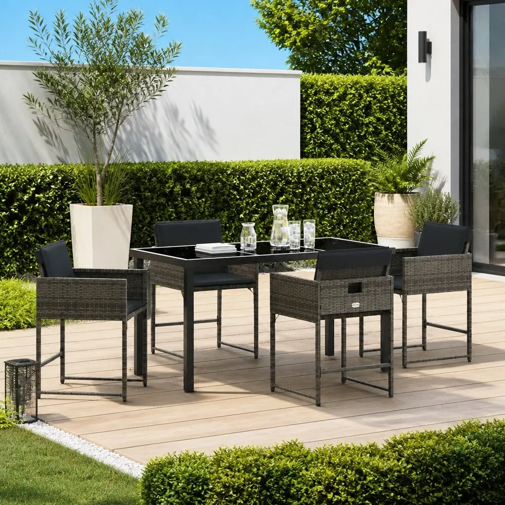 Garden Dining Set 5 Piece Outdoor Furniture Glass Table Poly Rattan Chairs Grey