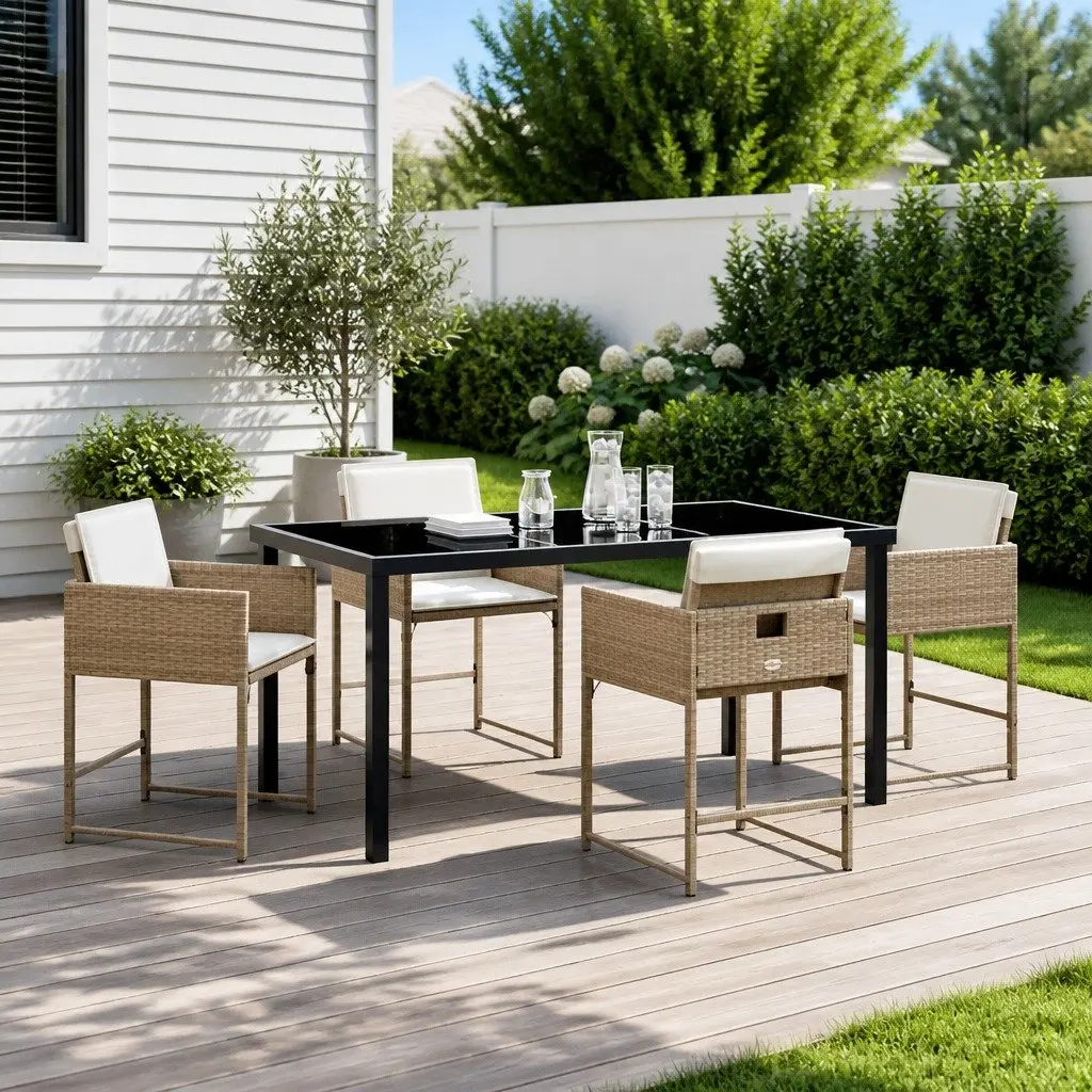 Garden Dining Set Poly Rattan Steel 5 Piece Outdoor Furniture Patio Table Chairs Beige