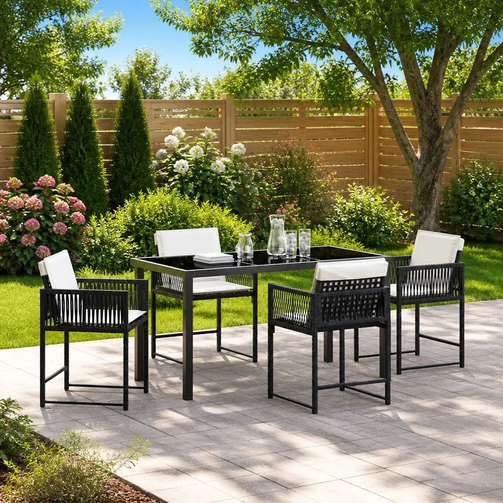 Garden Dining Set Poly Rattan Steel 5 Piece Outdoor Furniture Black