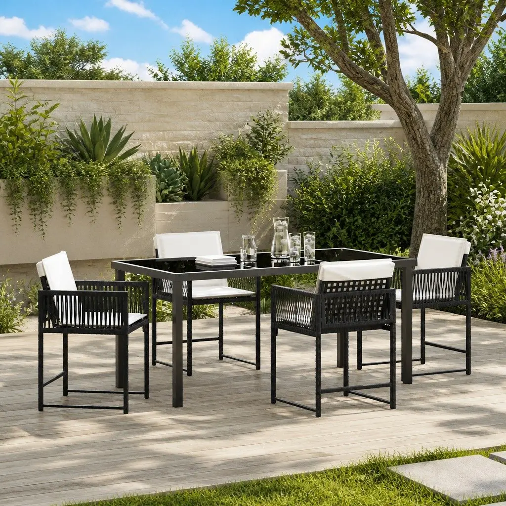 Garden Dining Set Poly Rattan Steel 5 Piece Outdoor Furniture Black