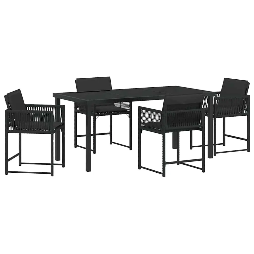 5 Piece Patio Dining Set Black Steel Frame Poly Rattan Furniture with Glass Table and Chairs for Outdoor Garden