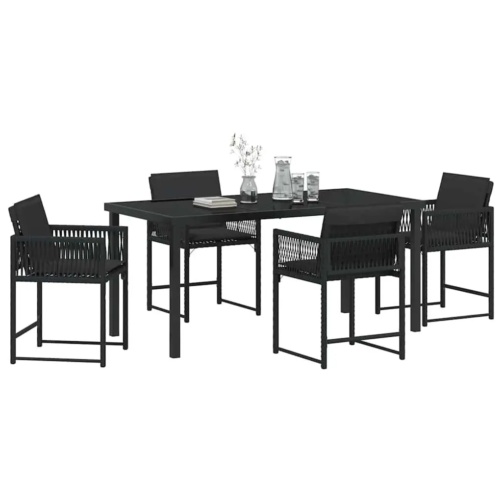 5 Piece Patio Dining Set Black Steel Frame Poly Rattan Furniture with Glass Table and Chairs for Outdoor Garden