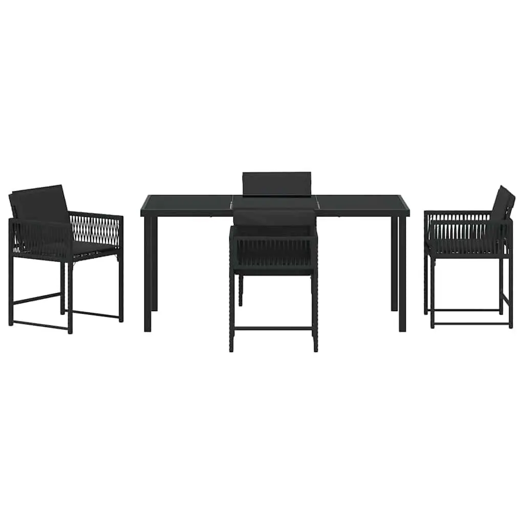 5 Piece Patio Dining Set Black Steel Frame Poly Rattan Furniture with Glass Table and Chairs for Outdoor Garden